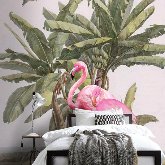 Bird and Flamingo Mural Wallpaper for Girl's Bedroom Decoration, Pink and Green, Made to Measure Clearhalo 'Wall Decor' 'Wall Mural' 1036151