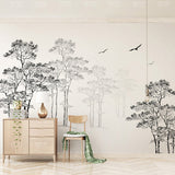 Whole Pine Tree Wall Decor for Guest Room Flying Bird Wall Mural in Black and White, Water-Resistant Clearhalo 'Wall Decor' 'Wall Mural' 1036336