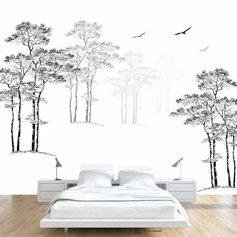 Whole Pine Tree Wall Decor for Guest Room Flying Bird Wall Mural in Black and White, Water-Resistant Clearhalo 'Wall Decor' 'Wall Mural' 1036337