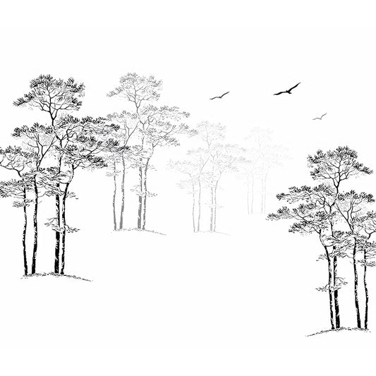 Whole Pine Tree Wall Decor for Guest Room Flying Bird Wall Mural in Black and White, Water-Resistant Clearhalo 'Wall Decor' 'Wall Mural' 1036338