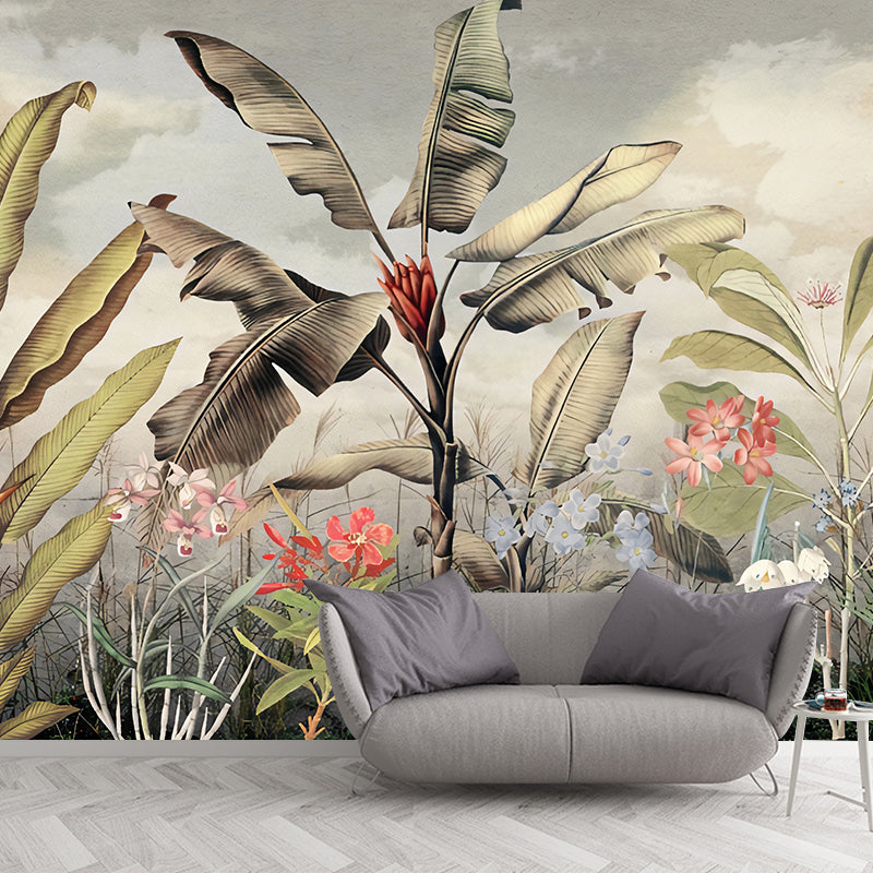 Big Illustration Nordic Wall Mural for Guest Room with Banana Leaf and Blossoms Design in Green Green Clearhalo 'Wall Decor' 'Wall Mural' 1036375