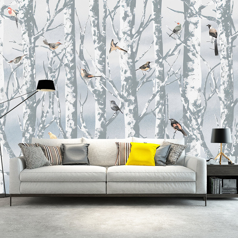 Waterproof Bird and Tree Mural Non-Woven Material Wall Covering for Accent Wall in Blue Clearhalo 'Wall Decor' 'Wall Mural' 1036461