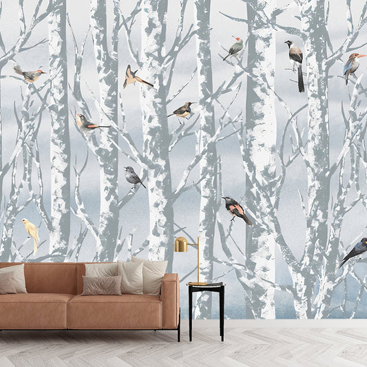 Waterproof Bird and Tree Mural Non-Woven Material Wall Covering for Accent Wall in Blue Clearhalo 'Wall Decor' 'Wall Mural' 1036462