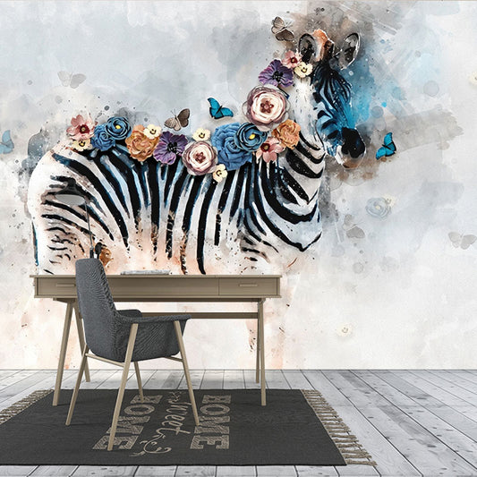 Black and White Zebra Mural Stain-Resistant Wall Covering for Bedroom Decoration Clearhalo 'Wall Decor' 'Wall Mural' 1036569