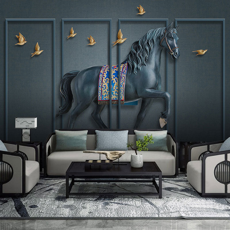 Stain-Resistant Galloping Horse Wall Covering Non-Woven Fabric Retro Wall Mural for Guest Room Blue-Gray Clearhalo 'Wall Decor' 'Wall Mural' 1036610