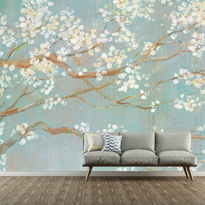 Full Size Illustration Contemporary Mural for Bedroom Decor with Blossoming Flower Design in Brown and White White-Brown Clearhalo 'Wall Decor' 'Wall Mural' 1036722