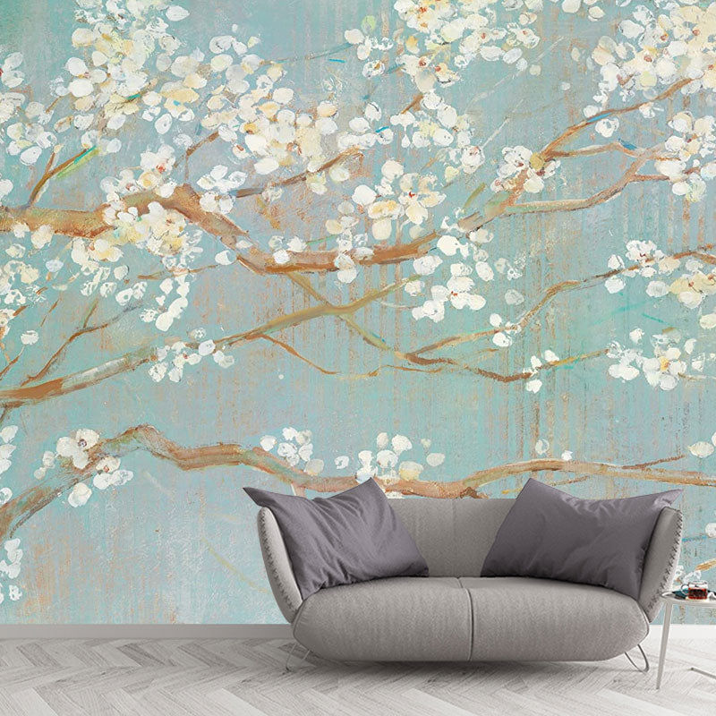 Full Size Illustration Contemporary Mural for Bedroom Decor with Blossoming Flower Design in Brown and White Clearhalo 'Wall Decor' 'Wall Mural' 1036723