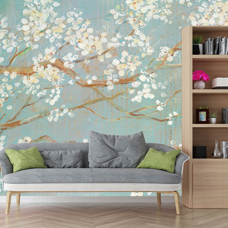 Full Size Illustration Contemporary Mural for Bedroom Decor with Blossoming Flower Design in Brown and White Clearhalo 'Wall Decor' 'Wall Mural' 1036724