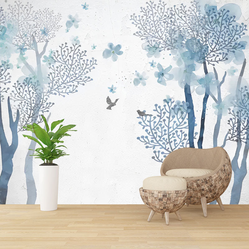 Blue Aesthetic Wall Mural Decal Custom Size Butterfly and Tree Wall Art for Bedroom Clearhalo 'Wall Decor' 'Wall Mural' 1036754