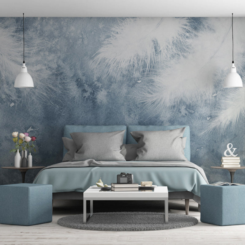 Whole Feather Wall Mural Decal for Home Decoration Misty Wall Art in Blue and White, Water-Resistant Clearhalo 'Wall Decor' 'Wall Mural' 1037407