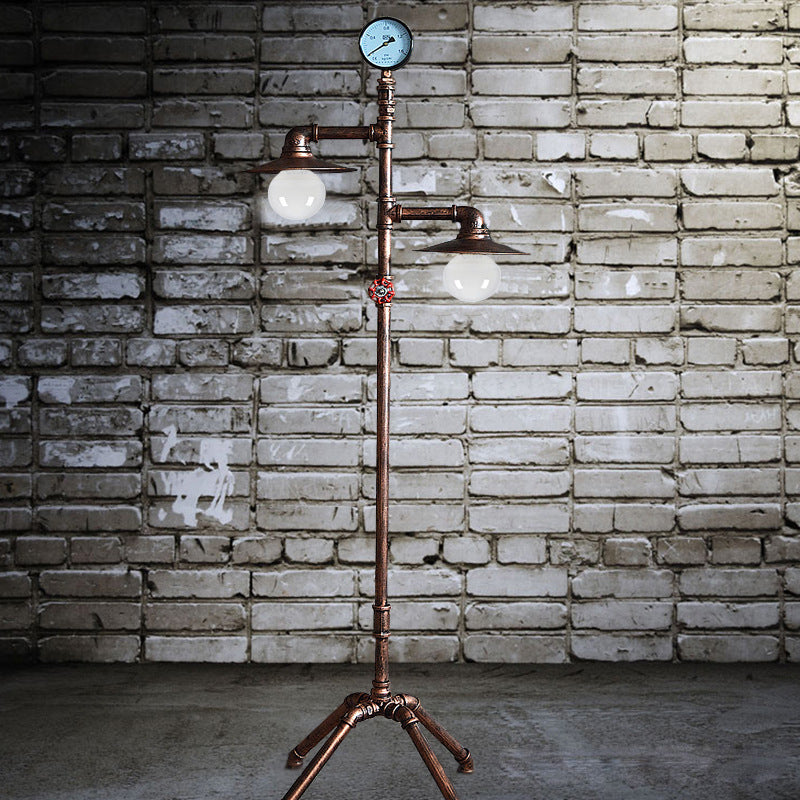 Antique Style Piped Floor Lighting 2 Lights Wrought Iron Floor Lamp with Flat Shade in Bronze for Living Room Bronze Clearhalo 'Floor Lamps' 'Lamps' Lighting' 103800