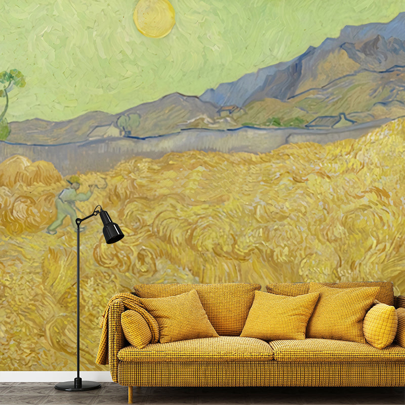 Yellow and Green Classic Mural Personalized Size Wheat Field and Sun Wall Decor for Accent Wall Yellow-Green Clearhalo 'Wall Decor' 'Wall Mural' 1041083