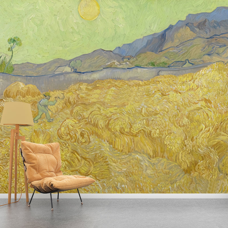 Yellow and Green Classic Mural Personalized Size Wheat Field and Sun Wall Decor for Accent Wall Clearhalo 'Wall Decor' 'Wall Mural' 1041084