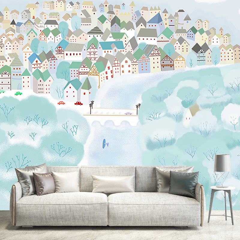 Minimalist Cartoon House Wall Art for Kid's Bedroom, Custom-Made Mural  Wallpaper in Blue