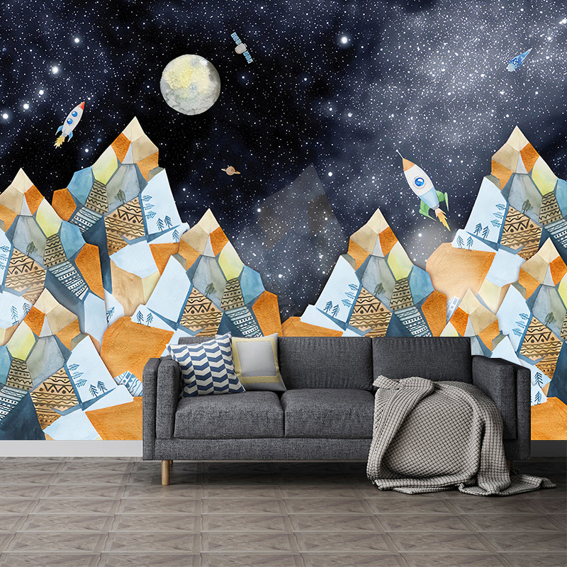 Big Illustration Simple Wall Mural for Children's Bedroom with Mountain and Moon Design in Orange and Blue Clearhalo 'Wall Decor' 'Wall Mural' 1041164