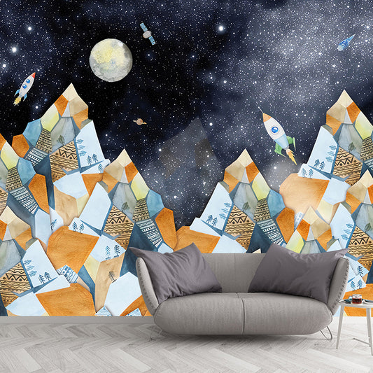 Big Illustration Simple Wall Mural for Children's Bedroom with Mountain and Moon Design in Orange and Blue Clearhalo 'Wall Decor' 'Wall Mural' 1041165