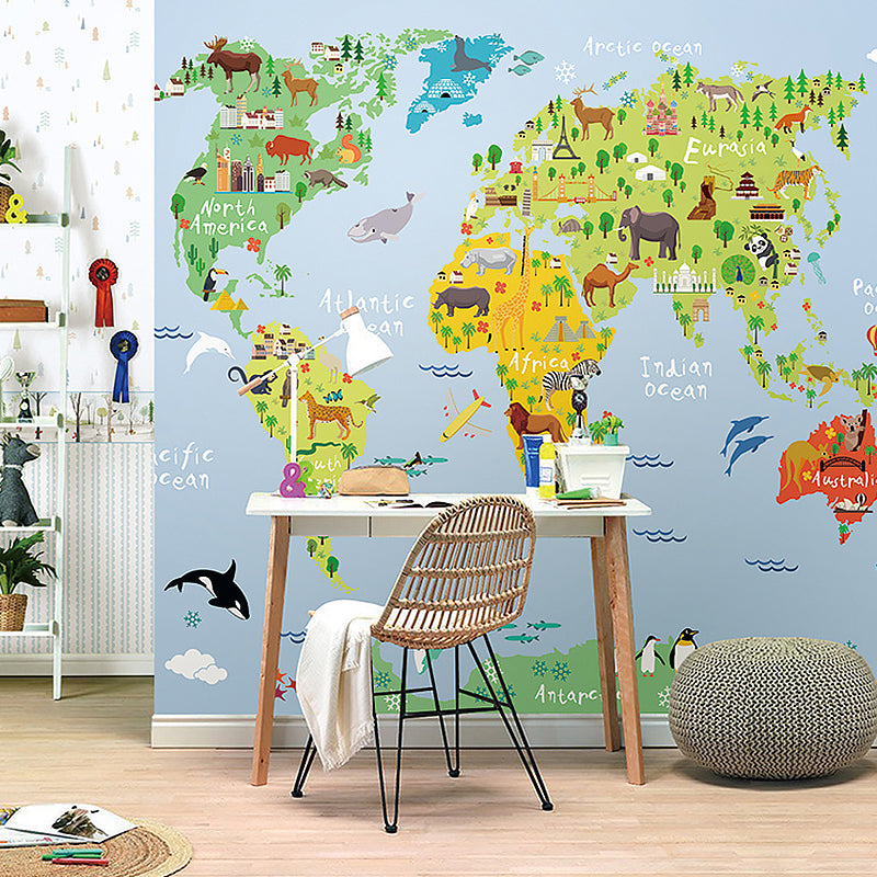 Blue and Green Simple Mural Wallpaper Personalized Size World Map Wall Art for Accent Wall Blue-Green Clearhalo 'Wall Decor' 'Wall Mural' 1041183