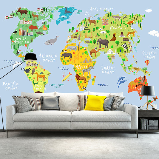 Blue and Green Simple Mural Wallpaper Personalized Size World Map Wall Art for Accent Wall Clearhalo 'Wall Decor' 'Wall Mural' 1041184