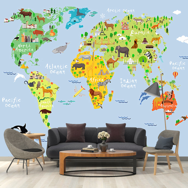 Blue and Green Simple Mural Wallpaper Personalized Size World Map Wall Art for Accent Wall Clearhalo 'Wall Decor' 'Wall Mural' 1041185