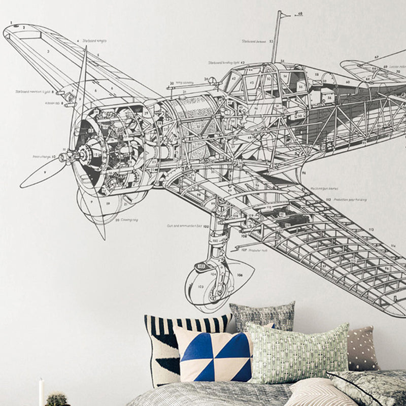 Airplane Design Wall Mural Decal for Accent Wall, Black and White, Personalized Size Available Black-White Clearhalo 'Wall Decor' 'Wall Mural' 1041273