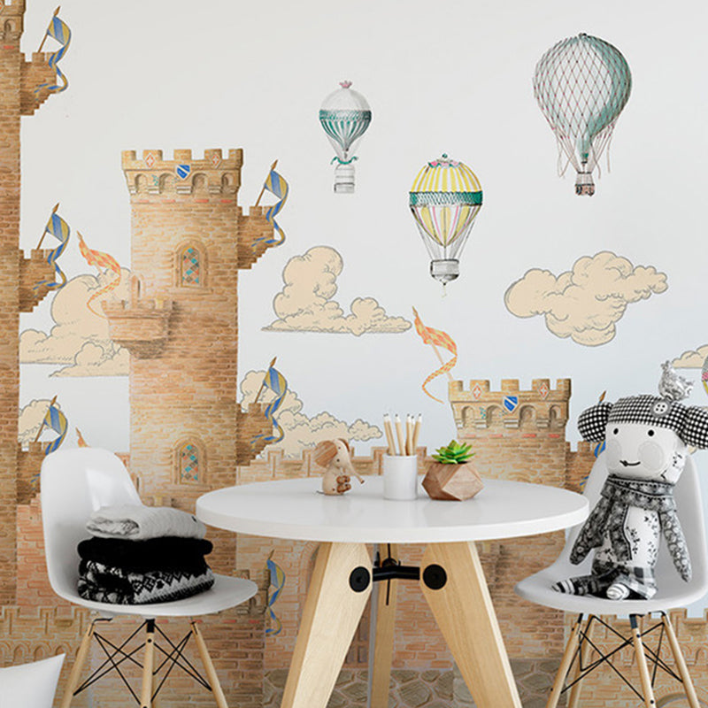 Big Castle and Balloon Mural Wallpaper in Brown Non-Woven Fabric Wall Art for Home Decor, Made to Measure Brown Clearhalo 'Wall Decor' 'Wall Mural' 1041278