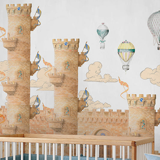 Big Castle and Balloon Mural Wallpaper in Brown Non-Woven Fabric Wall Art for Home Decor, Made to Measure Clearhalo 'Wall Decor' 'Wall Mural' 1041279