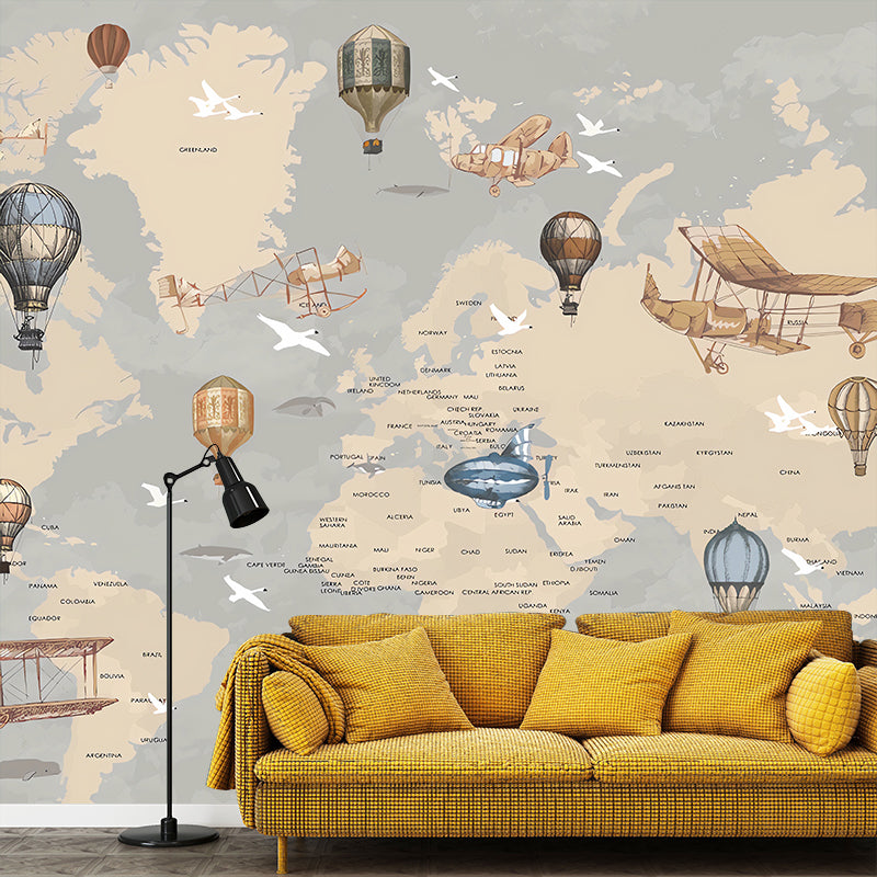 Whole Illustration Contemporary Wall Mural Extra Large Wall Art for Children with World Map and Balloon Design in Soft Color Grey Clearhalo 'Wall Decor' 'Wall Mural' 1041293