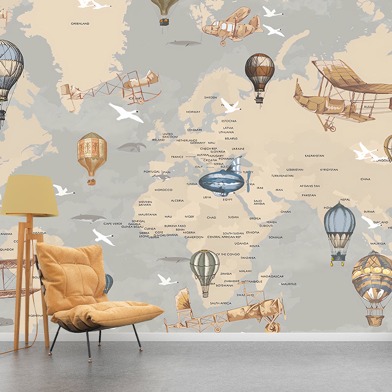 Whole Illustration Contemporary Wall Mural Extra Large Wall Art for Children with World Map and Balloon Design in Soft Color Clearhalo 'Wall Decor' 'Wall Mural' 1041295