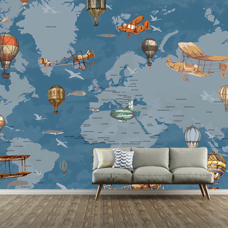 Whole Illustration Contemporary Wall Mural Extra Large Wall Art for Children with World Map and Balloon Design in Soft Color Blue Clearhalo 'Wall Decor' 'Wall Mural' 1041298