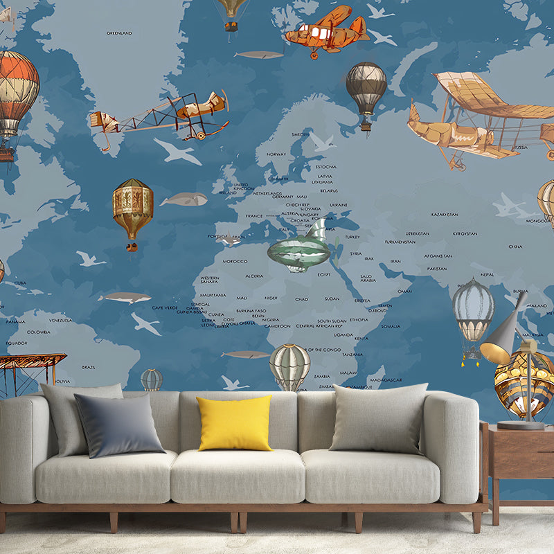 Whole Illustration Contemporary Wall Mural Extra Large Wall Art for Children with World Map and Balloon Design in Soft Color Clearhalo 'Wall Decor' 'Wall Mural' 1041299