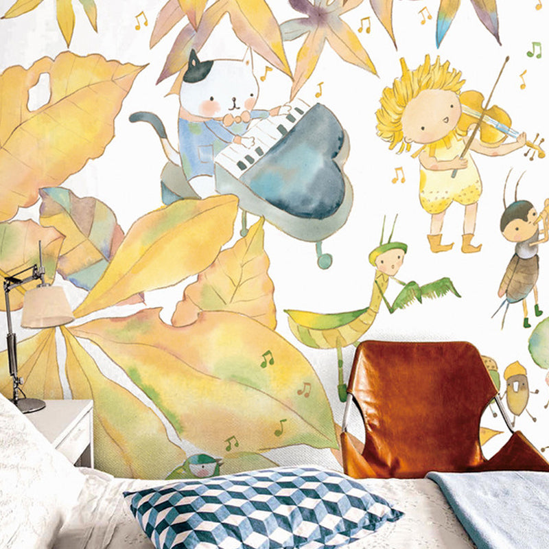 Yellow and White Leaves Mural Wallpaper Water-Resistant Wall Covering for Children's Bedroom Yellow-White Clearhalo 'Wall Decor' 'Wall Mural' 1041303