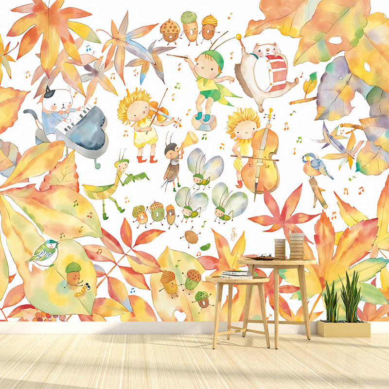 Yellow and White Leaves Mural Wallpaper Water-Resistant Wall Covering for Children's Bedroom Clearhalo 'Wall Decor' 'Wall Mural' 1041304