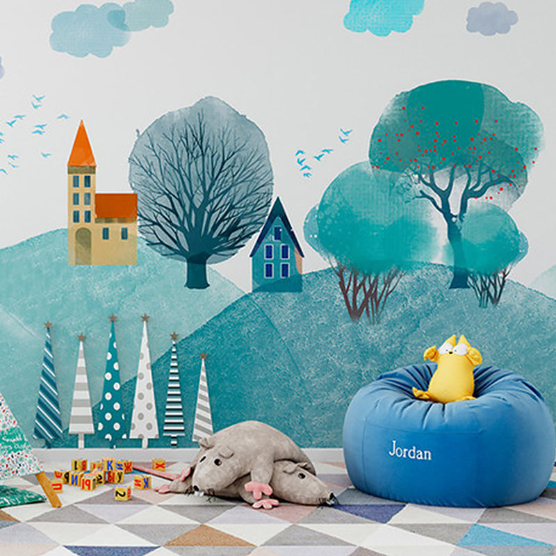 Big Illustration Mountain Peak Mural for Kid's Bedroom Decoration in Aqua, Custom Size Available Clearhalo 'Wall Decor' 'Wall Mural' 1041339