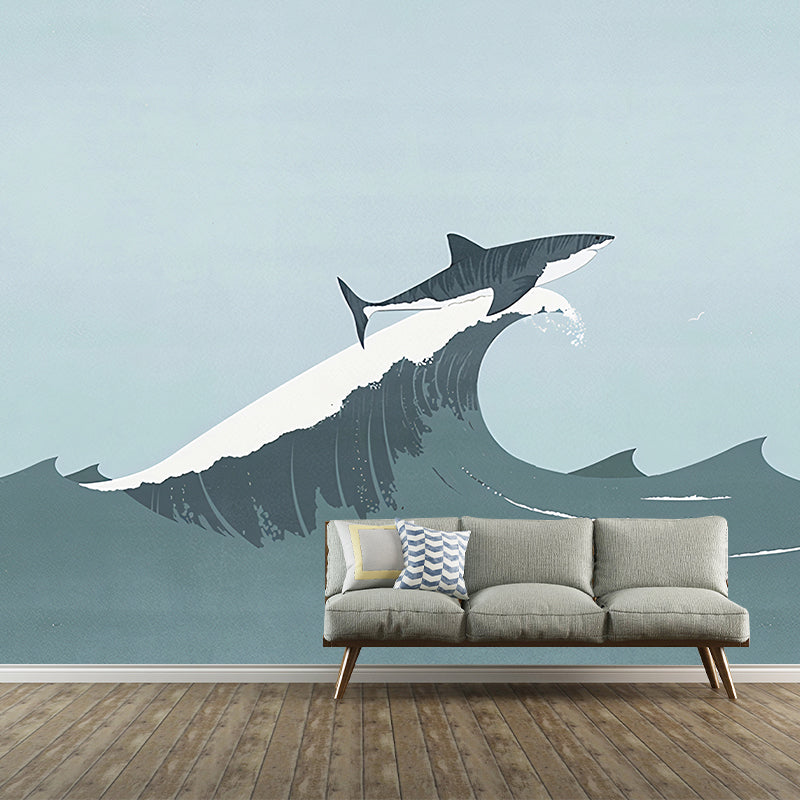 Stain-Resistant Whale Wall Mural Decal Non-Woven Fabric Simple Wall Art for Boy's Bedroom Grey Clearhalo 'Wall Decor' 'Wall Mural' 1041343