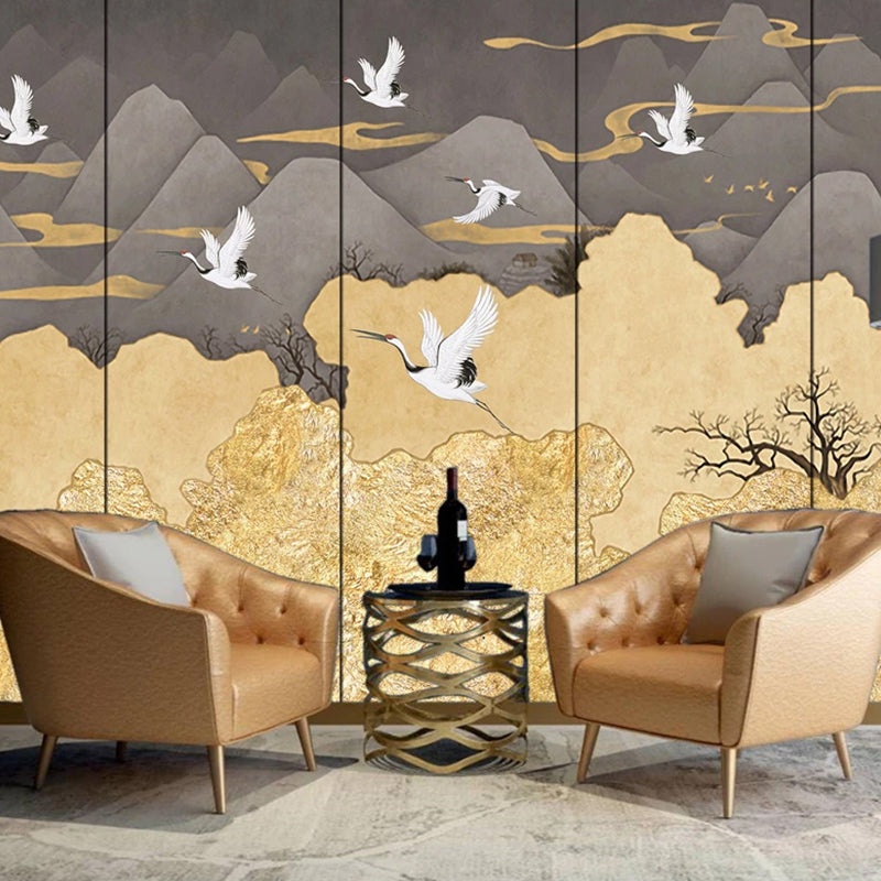 Big Crane and Mountain Mural Wallpaper in Grey and Yellow Non-Woven Fabric Wall Art for Bedroom, Custom-Made Gray-Yellow Clearhalo 'Wall Decor' 'Wall Mural' 1041378