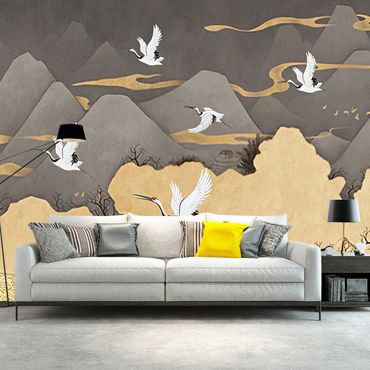 Big Crane and Mountain Mural Wallpaper in Grey and Yellow Non-Woven Fabric Wall Art for Bedroom, Custom-Made Clearhalo 'Wall Decor' 'Wall Mural' 1041379