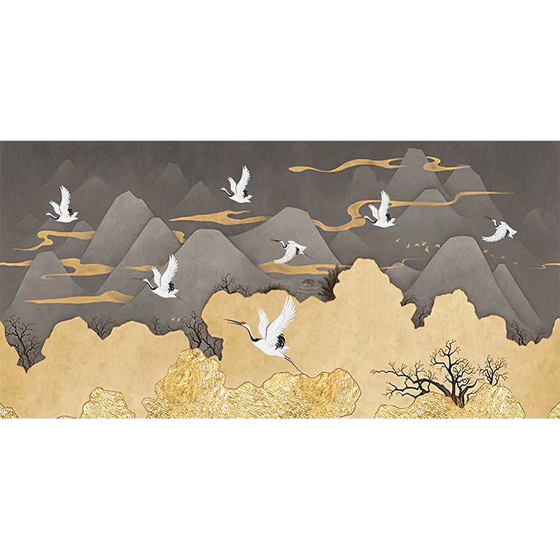 Big Crane and Mountain Mural Wallpaper in Grey and Yellow Non-Woven Fabric Wall Art for Bedroom, Custom-Made Clearhalo 'Wall Decor' 'Wall Mural' 1041381