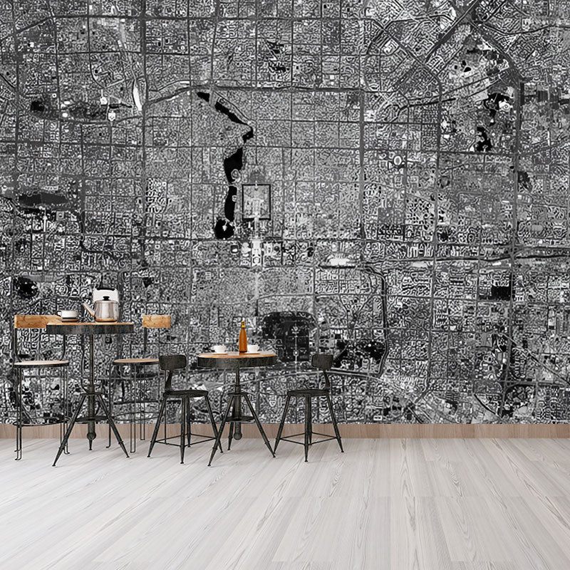 Dark Grey Urban Map Mural Wallpaper Stain-Resistant Wall Covering for Accent Wall Dark Gray Clearhalo 'Wall Decor' 'Wall Mural' 1041416
