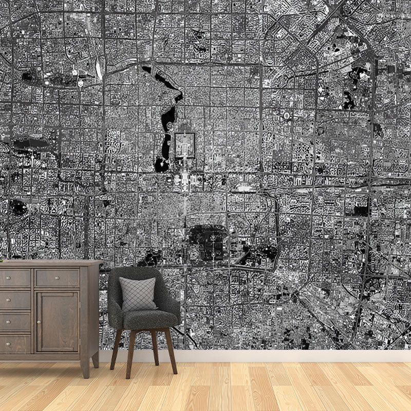 Dark Grey Urban Map Mural Wallpaper Stain-Resistant Wall Covering for Accent Wall Clearhalo 'Wall Decor' 'Wall Mural' 1041417