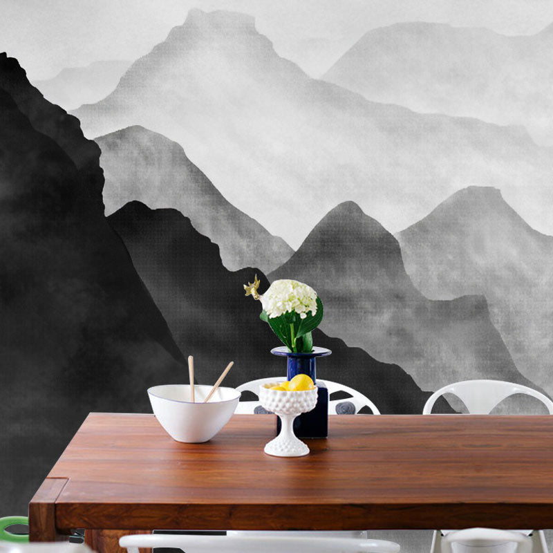 Stain-Resistant Mountain Wall Mural Decal Non-Woven Material Wall Art for Accent Wall in Black and Grey Black-Gray Clearhalo 'Wall Decor' 'Wall Mural' 1041456