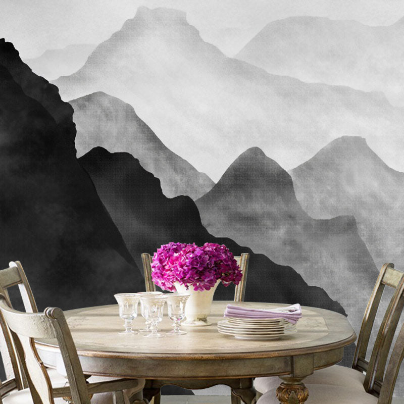 Stain-Resistant Mountain Wall Mural Decal Non-Woven Material Wall Art for Accent Wall in Black and Grey Clearhalo 'Wall Decor' 'Wall Mural' 1041458