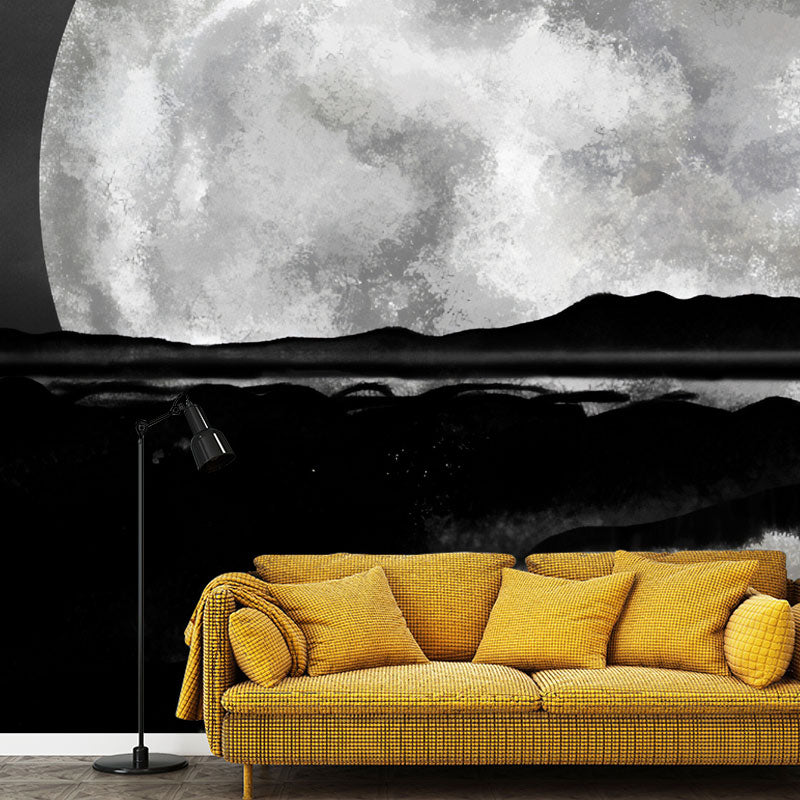 Black and Grey Moon Mural Stain-Resistant Wall Covering for Coffee Shop Decoration Black-Gray Clearhalo 'Wall Decor' 'Wall Mural' 1041506