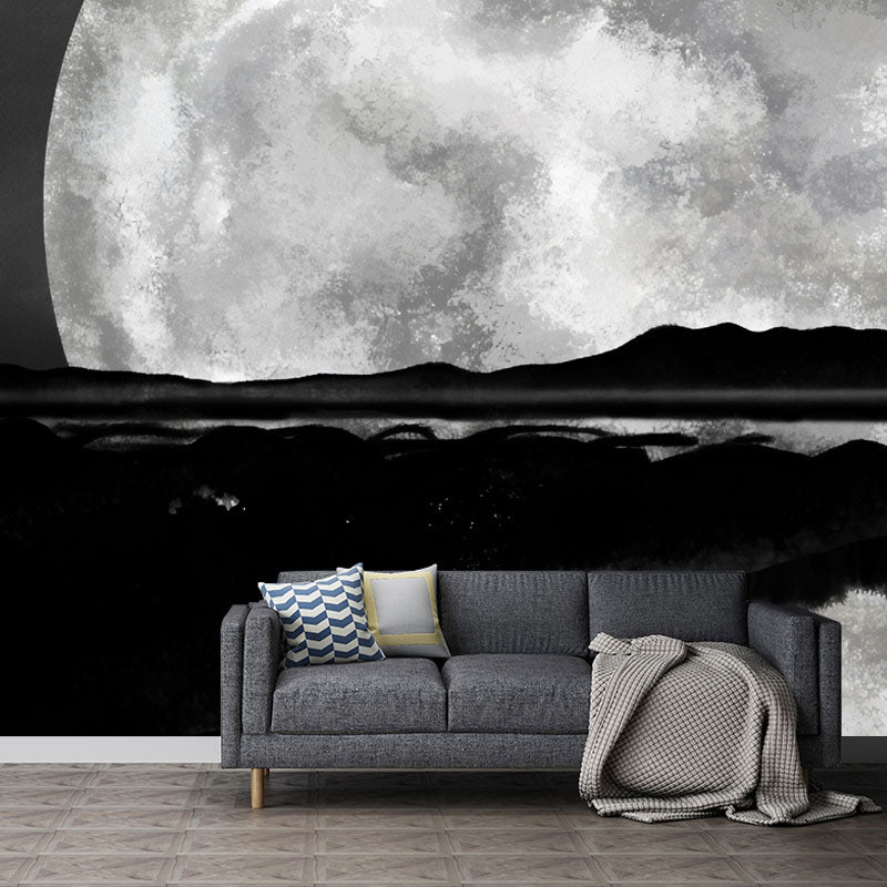 Black and Grey Moon Mural Stain-Resistant Wall Covering for Coffee Shop Decoration Clearhalo 'Wall Decor' 'Wall Mural' 1041507