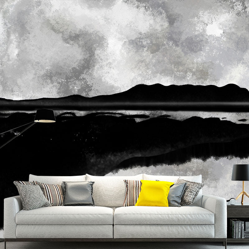 Black and Grey Moon Mural Stain-Resistant Wall Covering for Coffee Shop Decoration Clearhalo 'Wall Decor' 'Wall Mural' 1041508