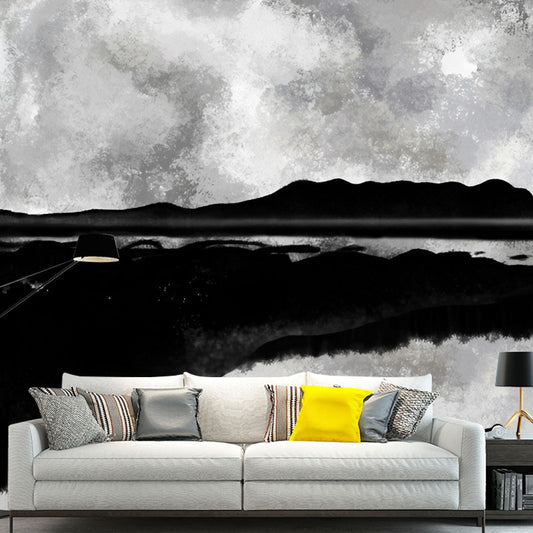 Black and Grey Moon Mural Stain-Resistant Wall Covering for Coffee Shop Decoration Clearhalo 'Wall Decor' 'Wall Mural' 1041508