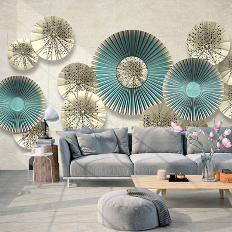 Asia Inspired Pleated Fan Mural Wallpaper for Guest Room, Aqua, Personalized Size Available Clearhalo 'Wall Decor' 'Wall Mural' 1041548