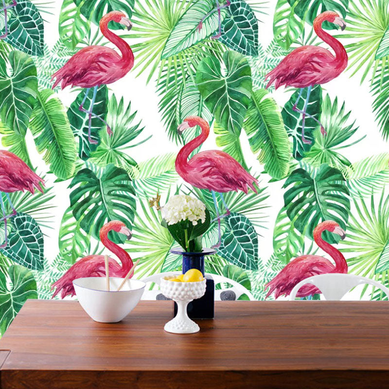 Tropical Leaves and Flamingo Mural Wallpaper for Home Decor, Pink and Green, Personalized Size Available Red Clearhalo 'Wall Decor' 'Wall Mural' 1041601