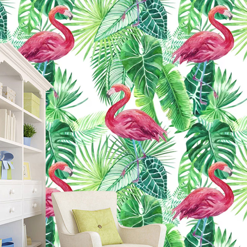 Tropical Leaves and Flamingo Mural Wallpaper for Home Decor, Pink and Green, Personalized Size Available Clearhalo 'Wall Decor' 'Wall Mural' 1041602