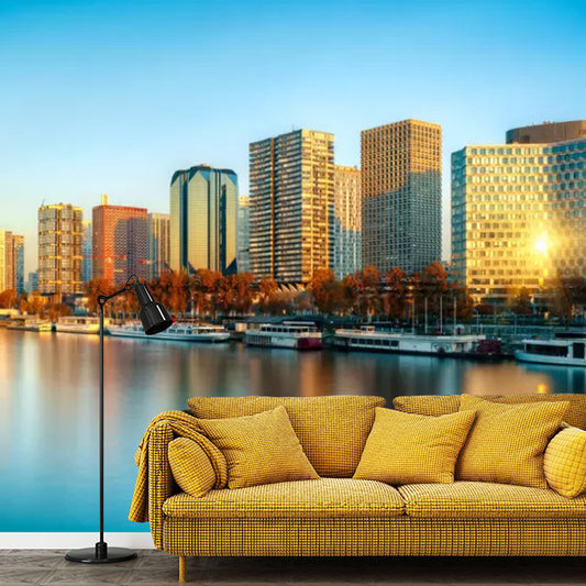 Stain-Resistant River and Buildings Mural Custom-Printed Simple Wall Decor for Accent Wall in Yellow and Blue Clearhalo 'Wall Decor' 'Wall Mural' 1041658