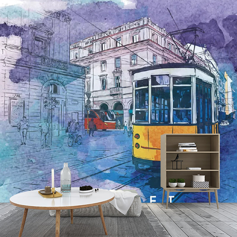 Blue and Yellow Bus Mural Wallpaper Moisture-Resistant Wall Art for Accent Wall Yellow-Blue Clearhalo 'Wall Decor' 'Wall Mural' 1041826